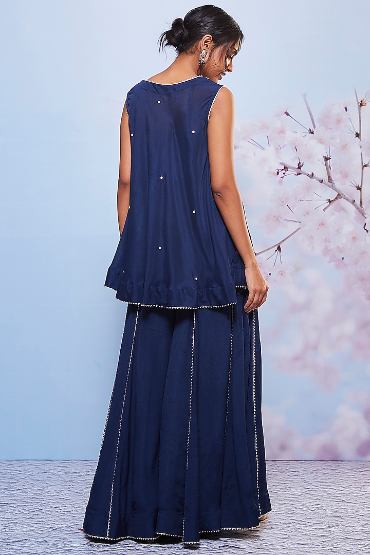 Navy Blue Chiffon & Cotton Lycra Party Wear Sharara Set by Ajiesh Oberoi at Pernia's Pop Up Shop