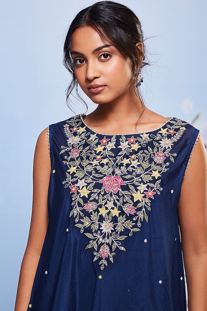 Navy Blue Chiffon & Cotton Lycra Party Wear Sharara Set by Ajiesh Oberoi at Pernia's Pop Up Shop