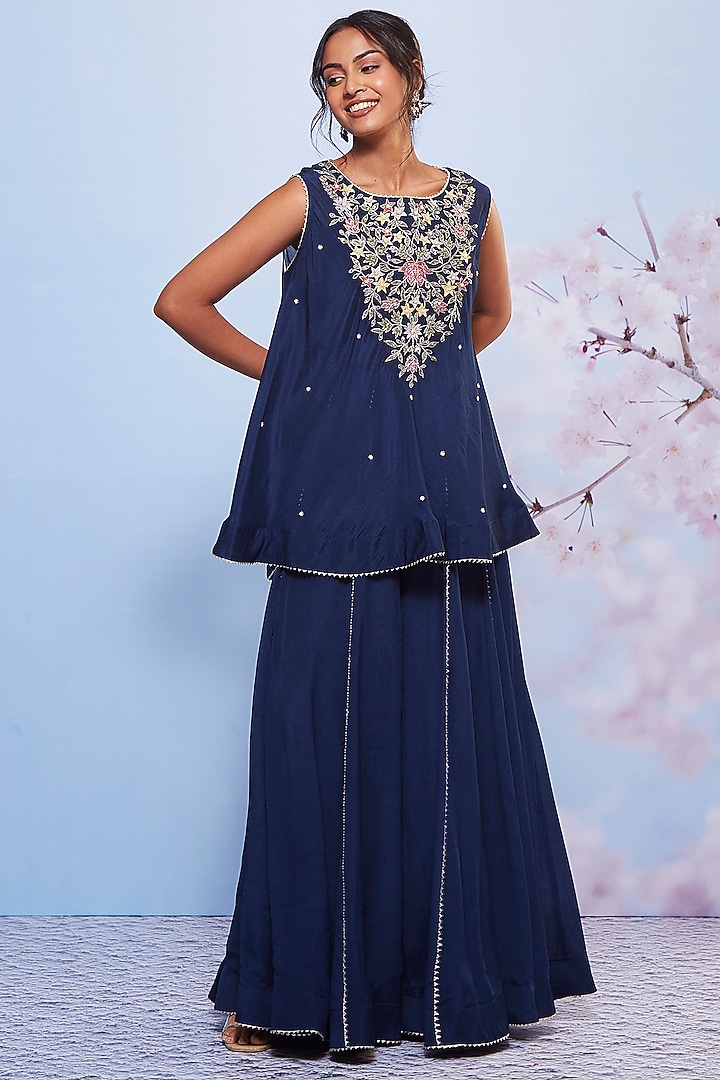 Navy Blue Chiffon & Cotton Lycra Party Wear Sharara Set by Ajiesh Oberoi at Pernia's Pop Up Shop