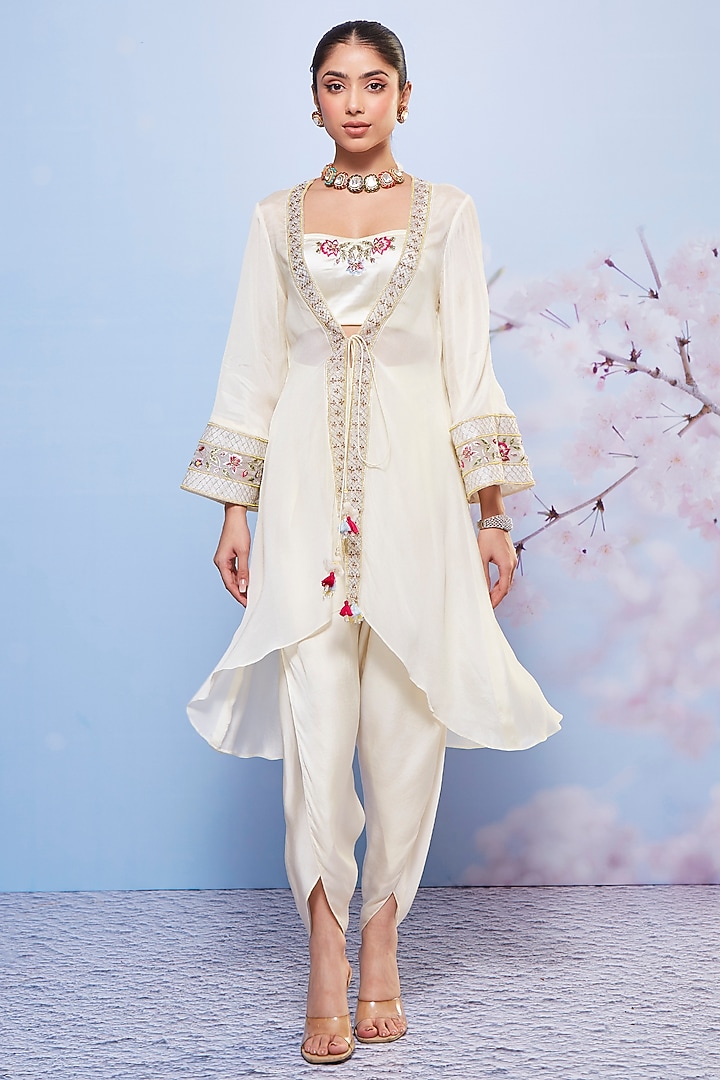 Ivory Chiffon Embroidered Jacket Set by Ajiesh Oberoi at Pernia's Pop Up Shop