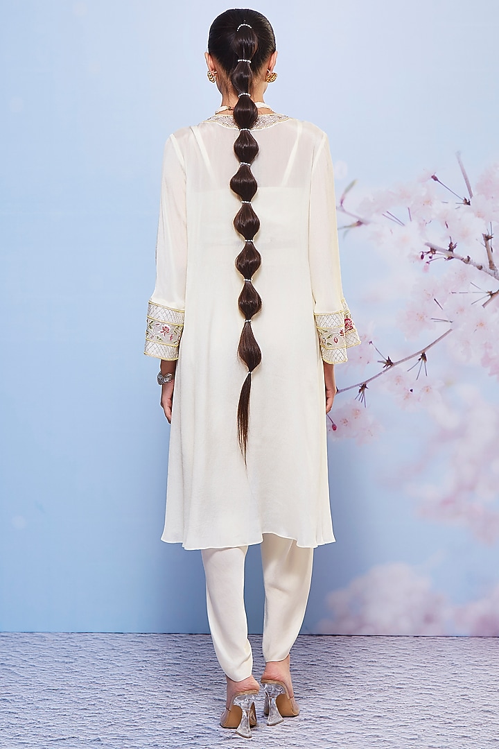 Ivory Chiffon Embroidered Jacket Set by Ajiesh Oberoi at Pernia's Pop Up Shop