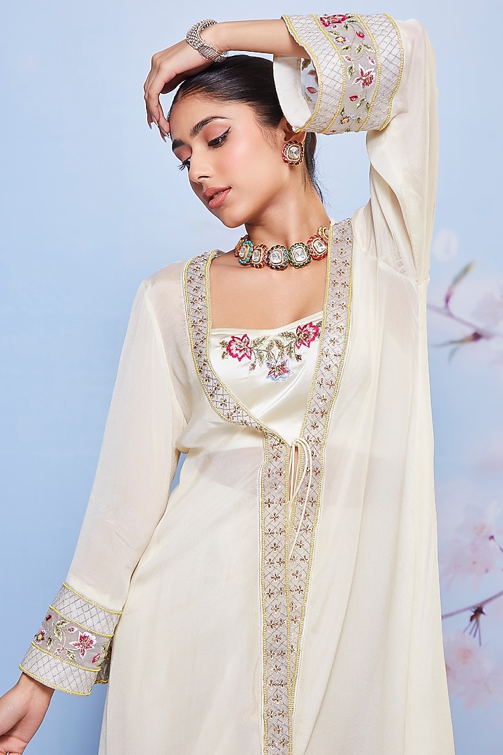 Ivory Chiffon Embroidered Jacket Set by Ajiesh Oberoi at Pernia's Pop Up Shop
