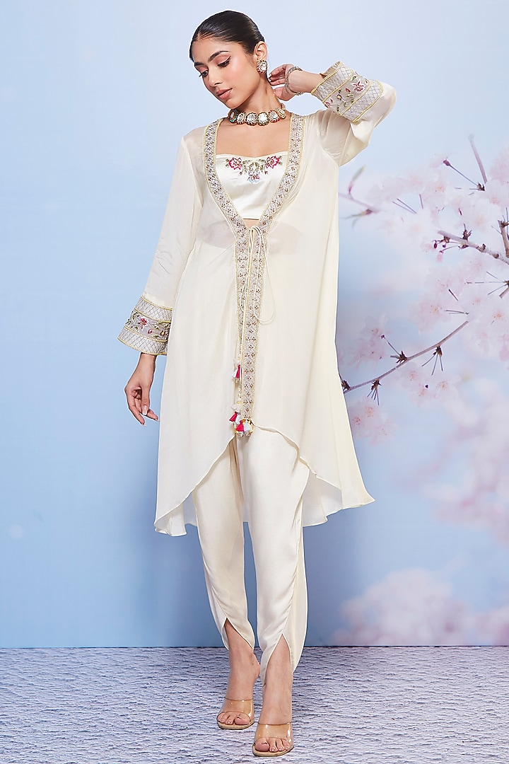 Ivory Chiffon Embroidered Jacket Set by Ajiesh Oberoi at Pernia's Pop Up Shop