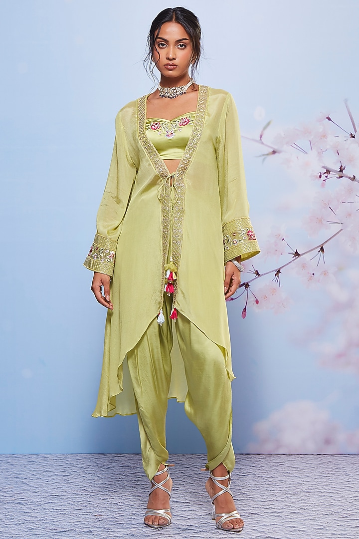 Mint Chiffon & Modal Embroidered Jacket Set by Ajiesh Oberoi at Pernia's Pop Up Shop