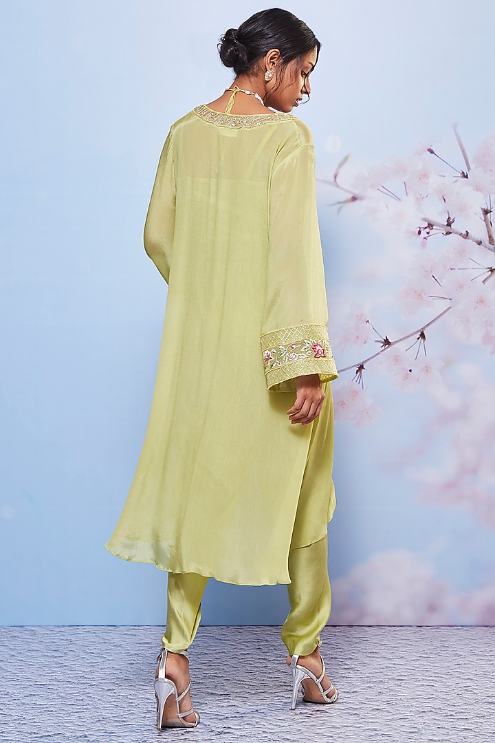 Mint Chiffon & Modal Embroidered Jacket Set by Ajiesh Oberoi at Pernia's Pop Up Shop