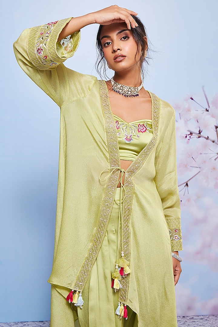 Mint Chiffon & Modal Embroidered Jacket Set by Ajiesh Oberoi at Pernia's Pop Up Shop