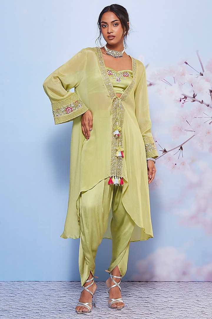 Mint Chiffon & Modal Embroidered Jacket Set by Ajiesh Oberoi at Pernia's Pop Up Shop