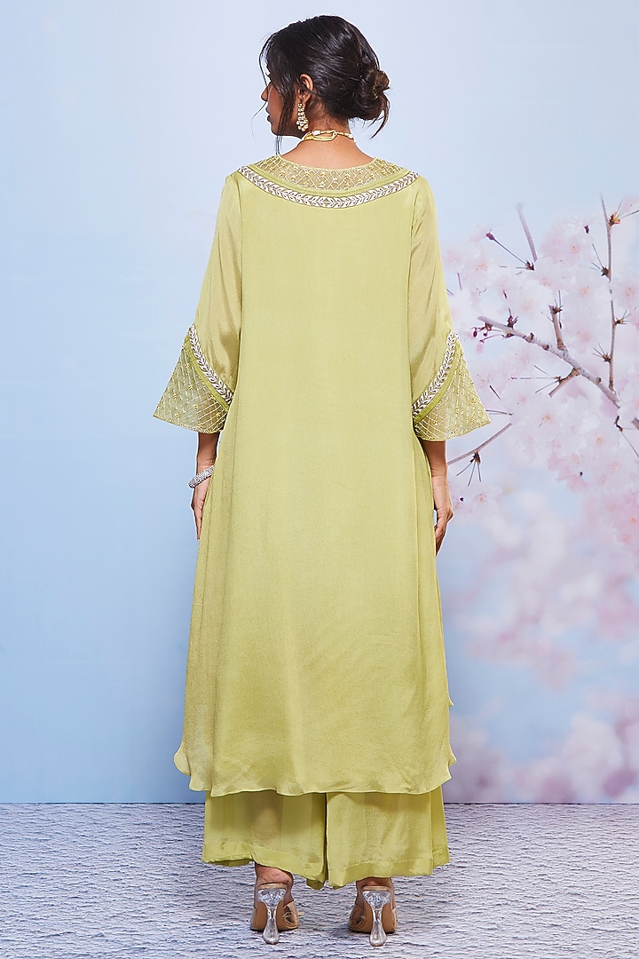 Mint Chiffon & Mulmul Embroidered Kurta Set by Ajiesh Oberoi at Pernia's Pop Up Shop