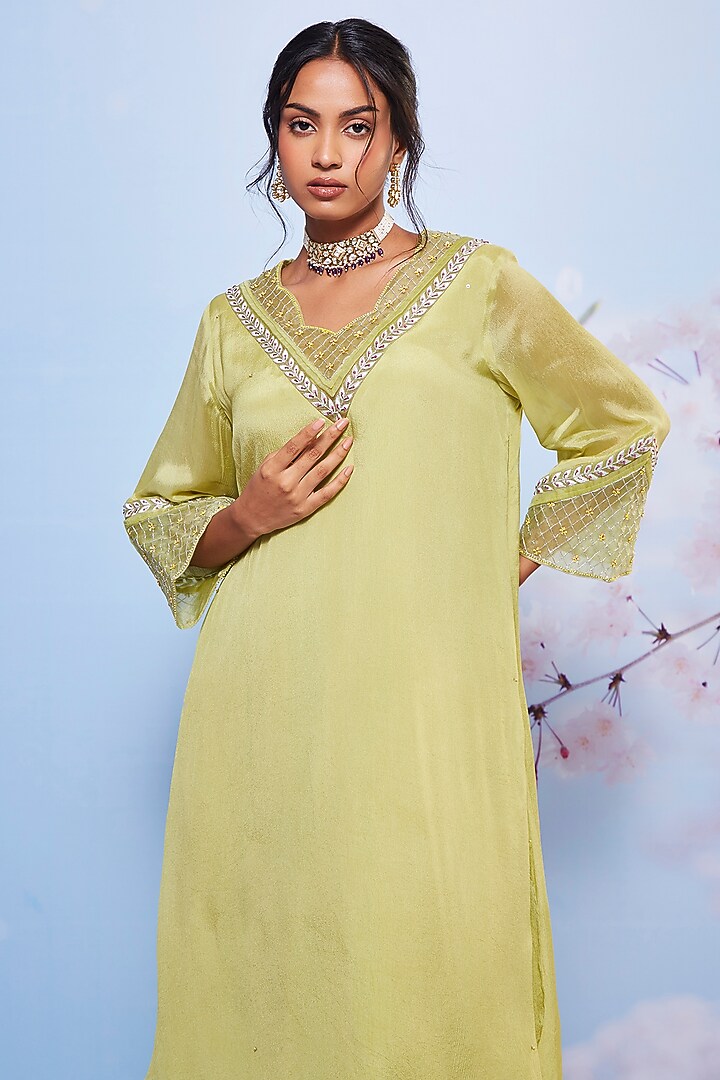 Mint Chiffon & Mulmul Embroidered Kurta Set by Ajiesh Oberoi at Pernia's Pop Up Shop
