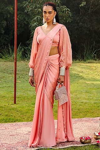 Peach Organza & Chiffon Pre-Stitched Draped Saree Set by Ajiesh Oberoi