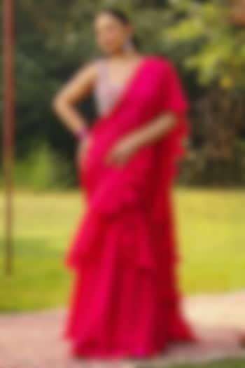 Rani Pink Organza & Chiffon Pre-Draped Frilled Saree Set by Ajiesh Oberoi at Pernia's Pop Up Shop