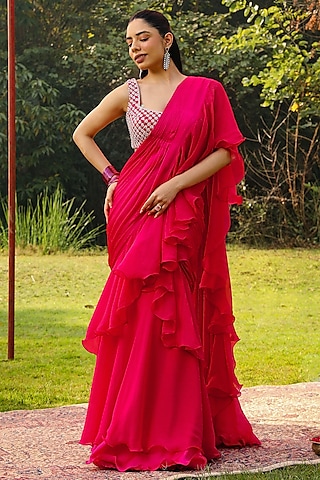 Rani Pink Organza & Chiffon Pre-Draped Frilled Saree Set by Ajiesh Oberoi