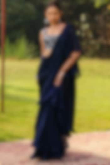 Navy Blue Organza & Chiffon Pre-Draped Frilled Saree Set by Ajiesh Oberoi