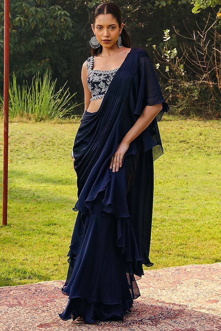 Navy Blue Organza & Chiffon Pre-Draped Frilled Saree Set by Ajiesh Oberoi