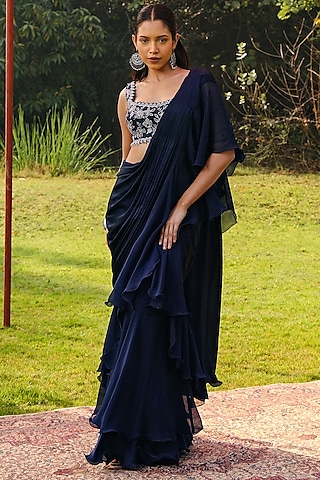 Navy Blue Organza & Chiffon Pre-Draped Frilled Saree Set by Ajiesh Oberoi