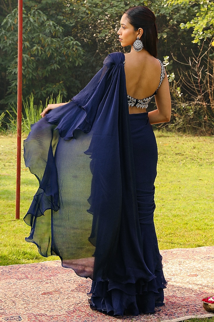 Navy Blue Organza & Chiffon Pre-Draped Frilled Wedding Saree Set by Ajiesh Oberoi at Pernia's Pop Up Shop