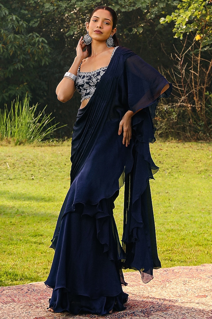Navy Blue Organza & Chiffon Pre-Draped Frilled Wedding Saree Set by Ajiesh Oberoi at Pernia's Pop Up Shop