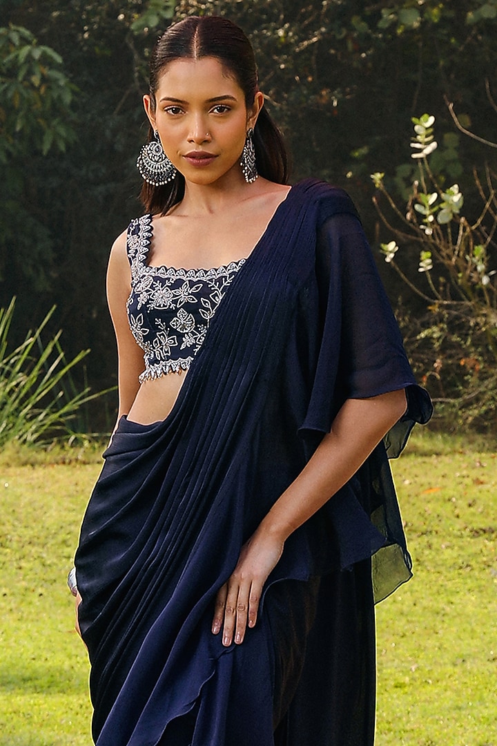 Navy Blue Organza & Chiffon Pre-Draped Frilled Wedding Saree Set by Ajiesh Oberoi at Pernia's Pop Up Shop