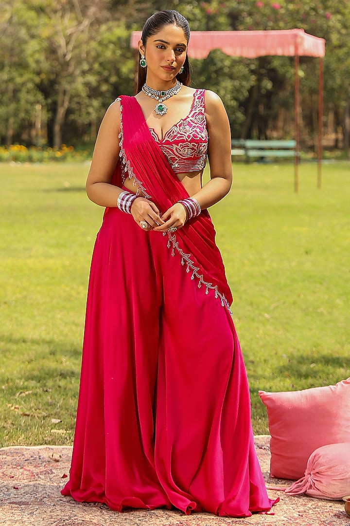 Rani Pink Chiffon Draped Sharara Saree Set by Ajiesh Oberoi at Pernia's Pop Up Shop