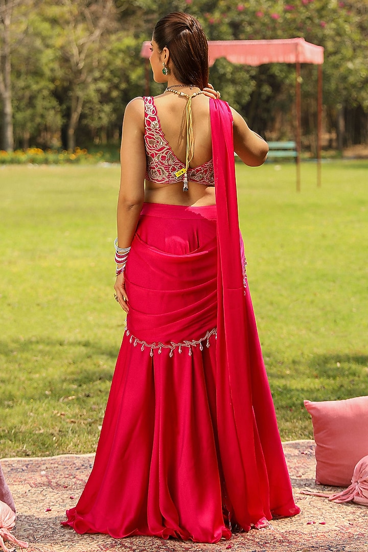 Rani Pink Chiffon Draped Sharara Wedding Saree Set by Ajiesh Oberoi at Pernia's Pop Up Shop