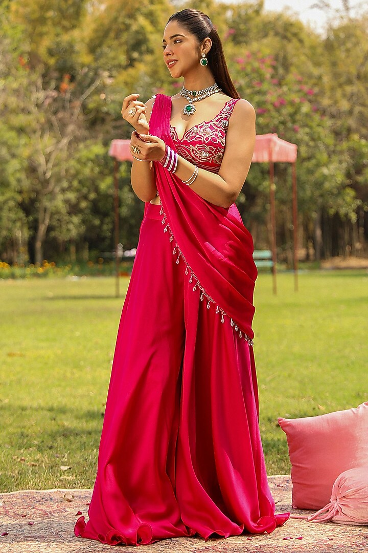 Rani Pink Chiffon Draped Sharara Wedding Saree Set by Ajiesh Oberoi at Pernia's Pop Up Shop