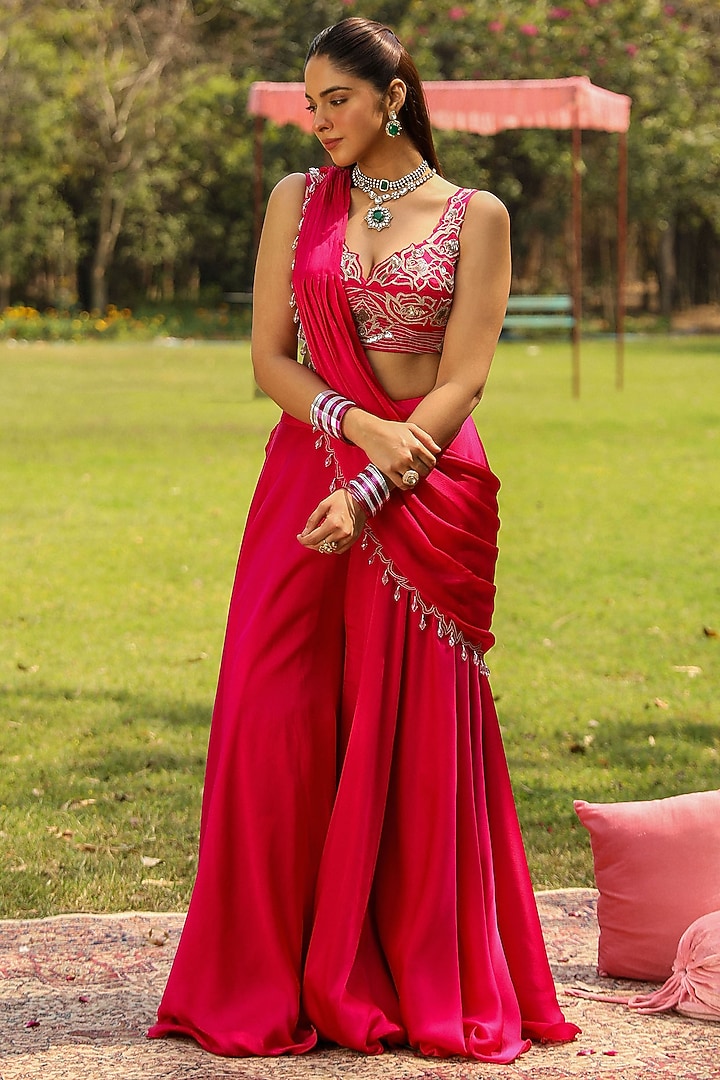 Rani Pink Chiffon Draped Sharara Wedding Saree Set by Ajiesh Oberoi at Pernia's Pop Up Shop