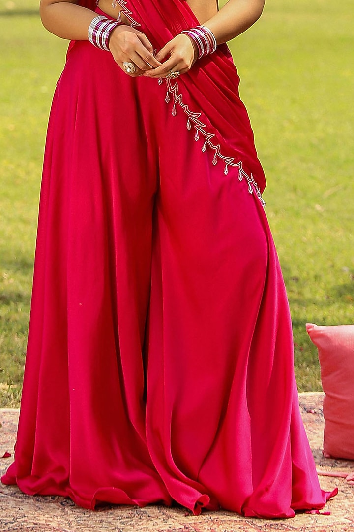 Rani Pink Chiffon Draped Sharara Wedding Saree Set by Ajiesh Oberoi at Pernia's Pop Up Shop