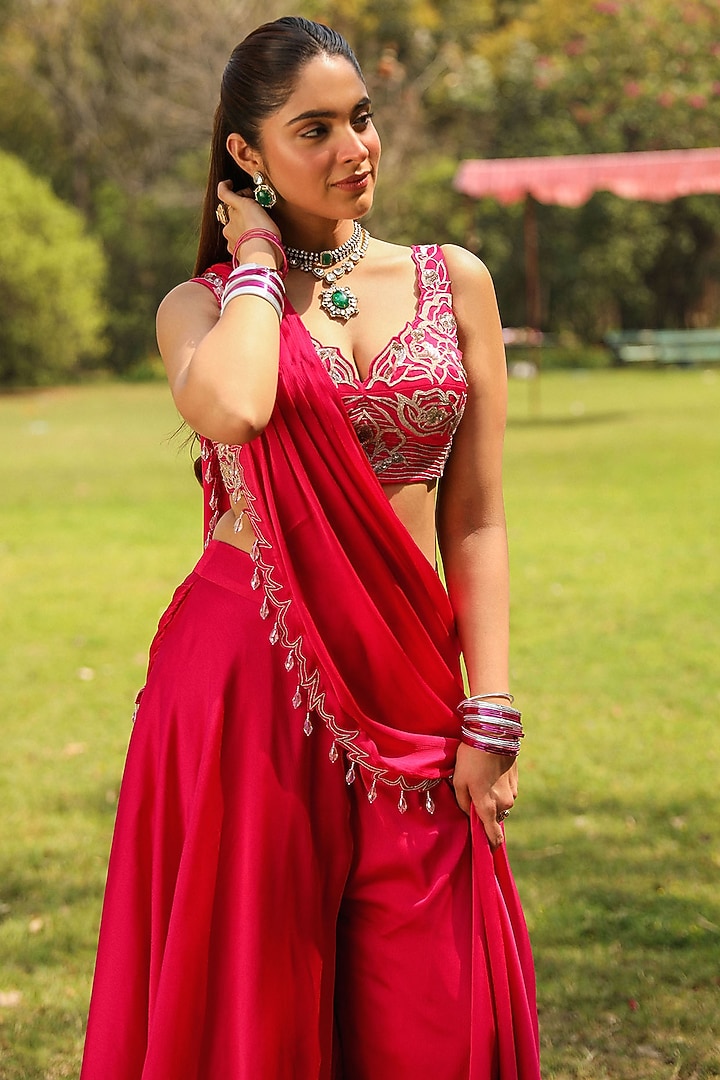 Rani Pink Chiffon Draped Sharara Wedding Saree Set by Ajiesh Oberoi at Pernia's Pop Up Shop