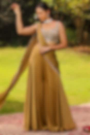 Honey Gold Chiffon Draped Sharara Saree Set by Ajiesh Oberoi at Pernia's Pop Up Shop