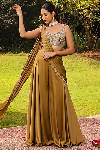Honey Gold Chiffon Draped Sharara Saree Set by Ajiesh Oberoi