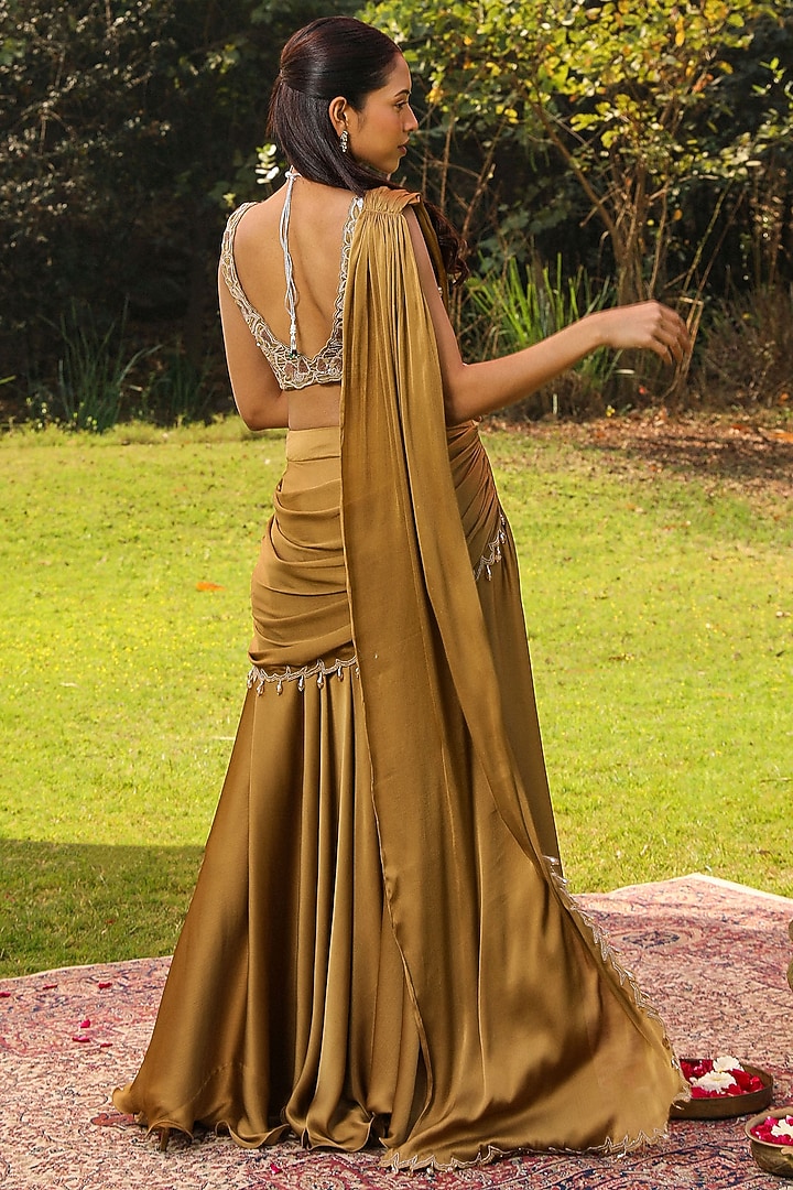 Honey Gold Chiffon Draped Sharara Wedding Saree Set by Ajiesh Oberoi at Pernia's Pop Up Shop