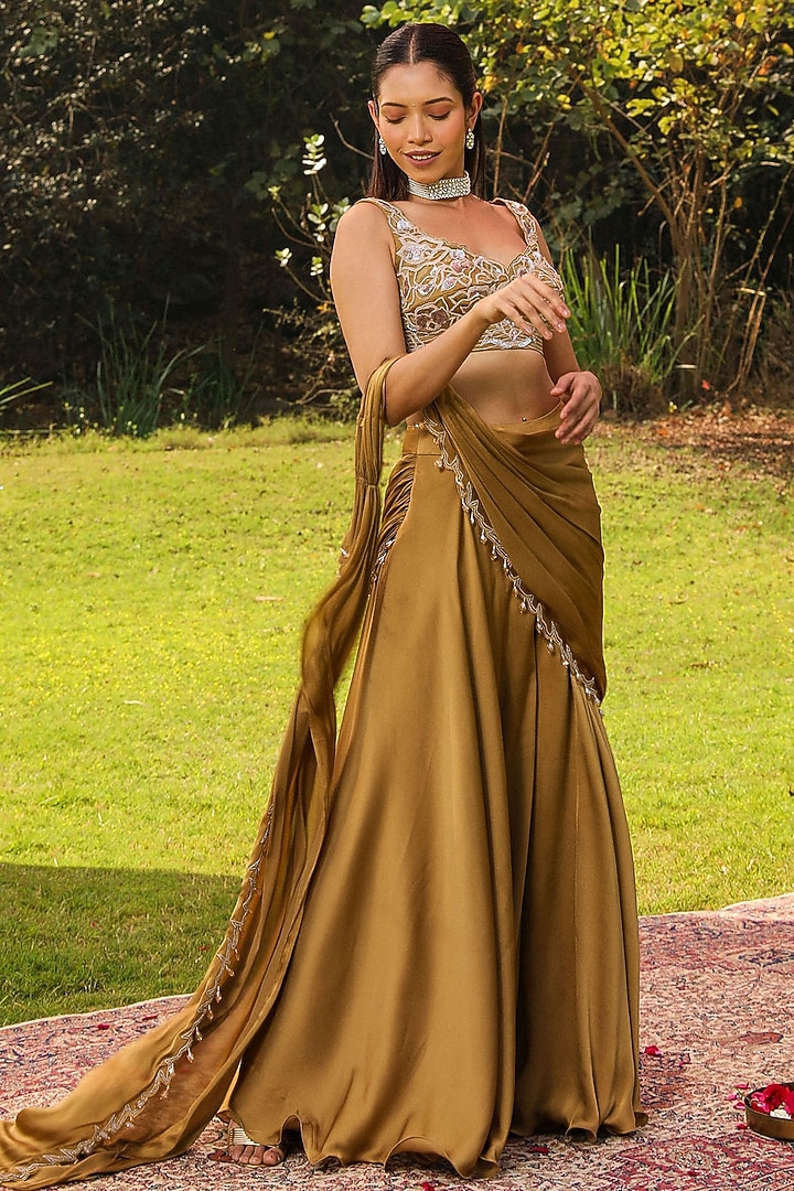 Honey Gold Chiffon Draped Sharara Wedding Saree Set by Ajiesh Oberoi at Pernia's Pop Up Shop