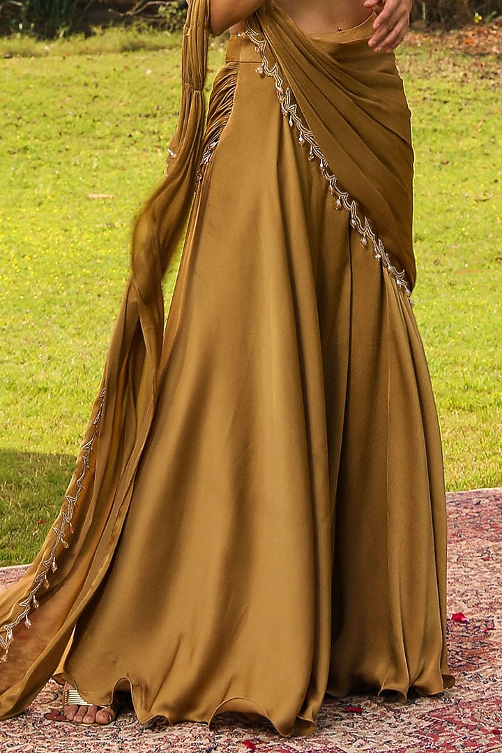 Honey Gold Chiffon Draped Sharara Wedding Saree Set by Ajiesh Oberoi at Pernia's Pop Up Shop