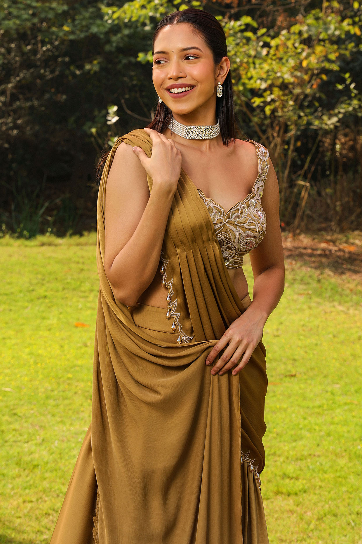 Honey Gold Chiffon Draped Sharara Saree Set by Ajiesh Oberoi at
