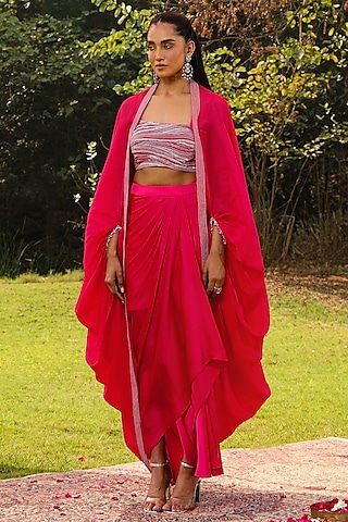 Rani Pink Chiffon Pick-Up Skirt Set by Ajiesh Oberoi