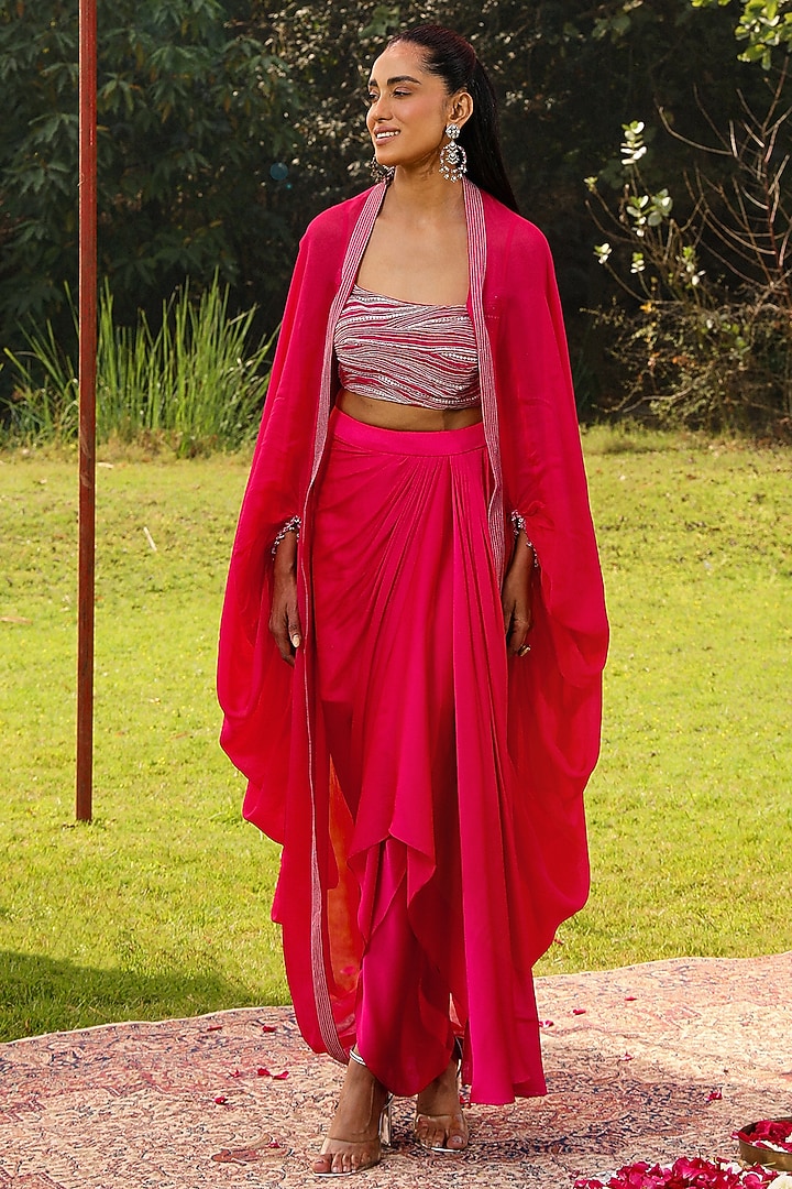Rani Pink Chiffon Pick-Up Skirt Set by Ajiesh Oberoi at Pernia's Pop Up Shop
