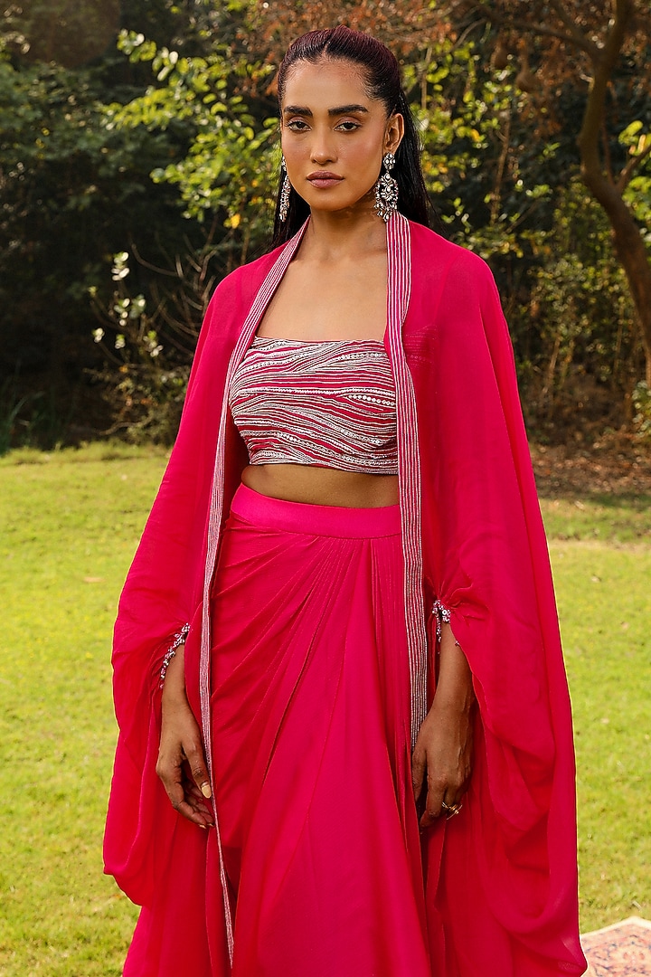 Rani Pink Chiffon Pick-Up Skirt Set by Ajiesh Oberoi at Pernia's Pop Up Shop
