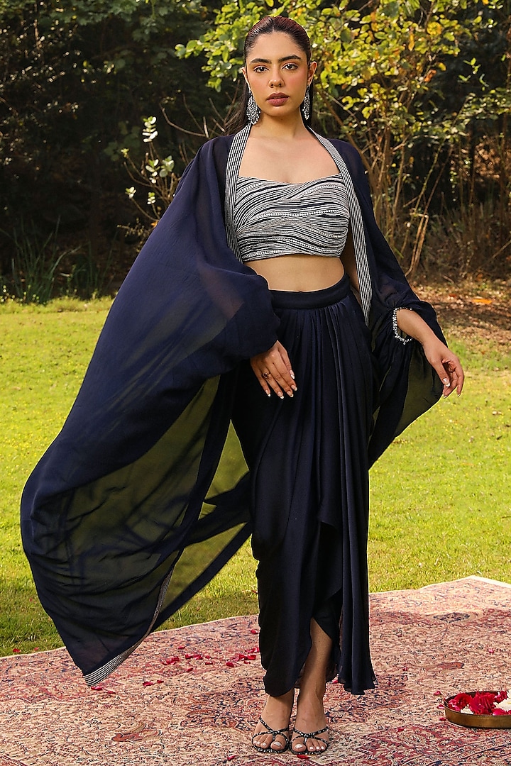 Navy Blue Chiffon Pick-Up Skirt Set by Ajiesh Oberoi at Pernia's Pop Up Shop