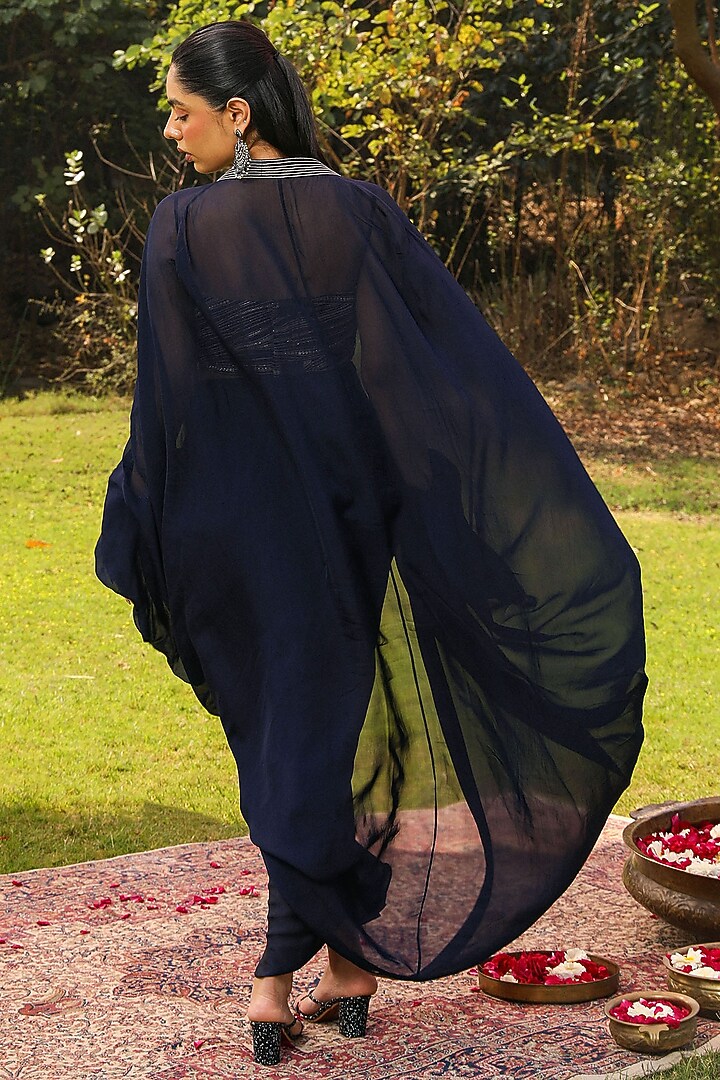 Navy Blue Chiffon Pick-Up Skirt Set by Ajiesh Oberoi at Pernia's Pop Up Shop