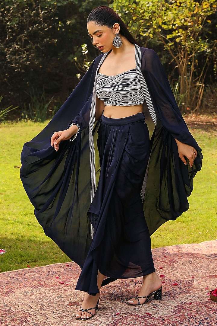 Navy Blue Chiffon Pick-Up Skirt Set by Ajiesh Oberoi at Pernia's Pop Up Shop