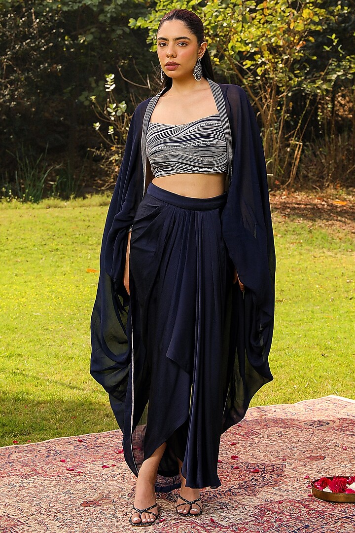 Navy Blue Chiffon Pick-Up Skirt Set by Ajiesh Oberoi at Pernia's Pop Up Shop