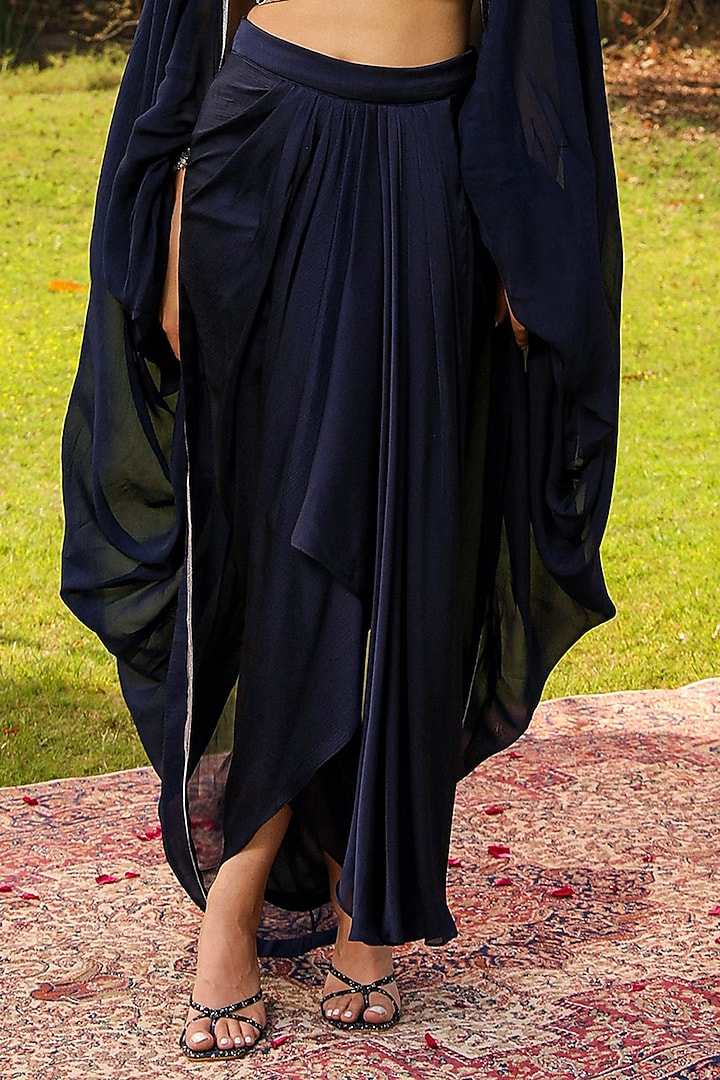 Navy Blue Chiffon Pick-Up Skirt Set by Ajiesh Oberoi at Pernia's Pop Up Shop