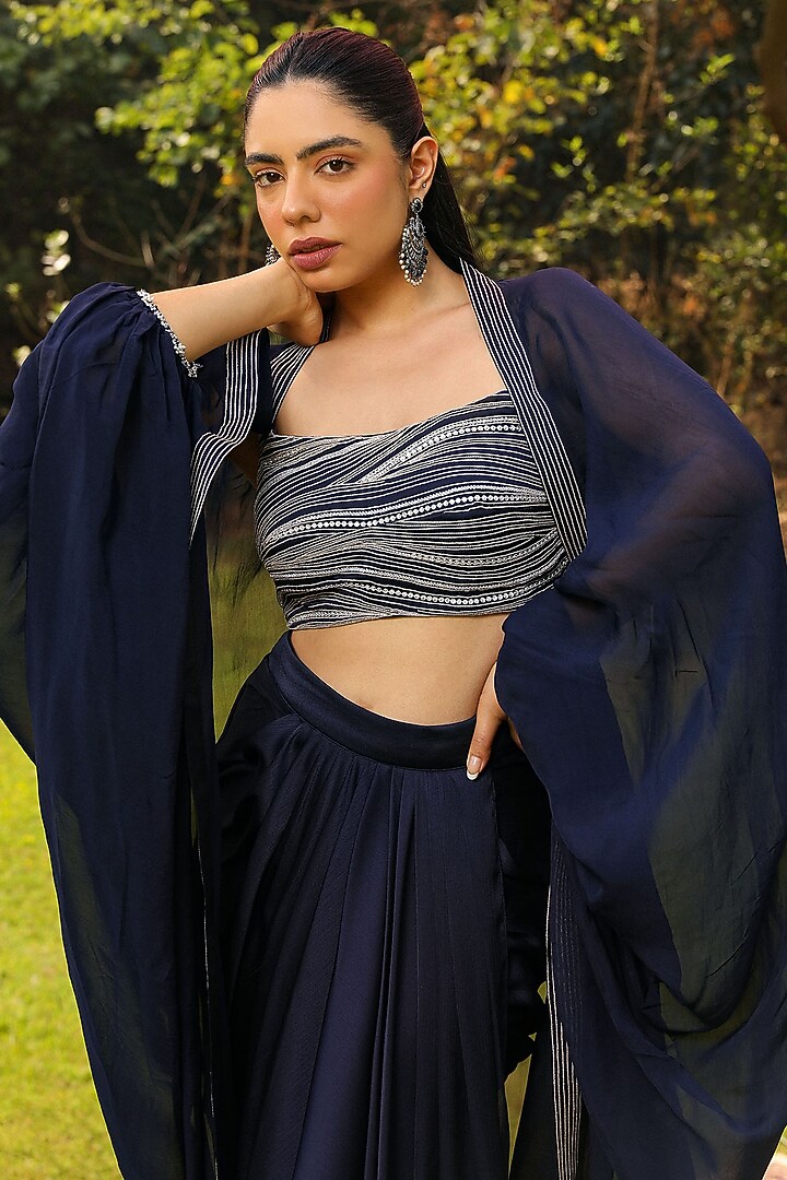 Navy Blue Chiffon Pick-Up Skirt Set by Ajiesh Oberoi at Pernia's Pop Up Shop