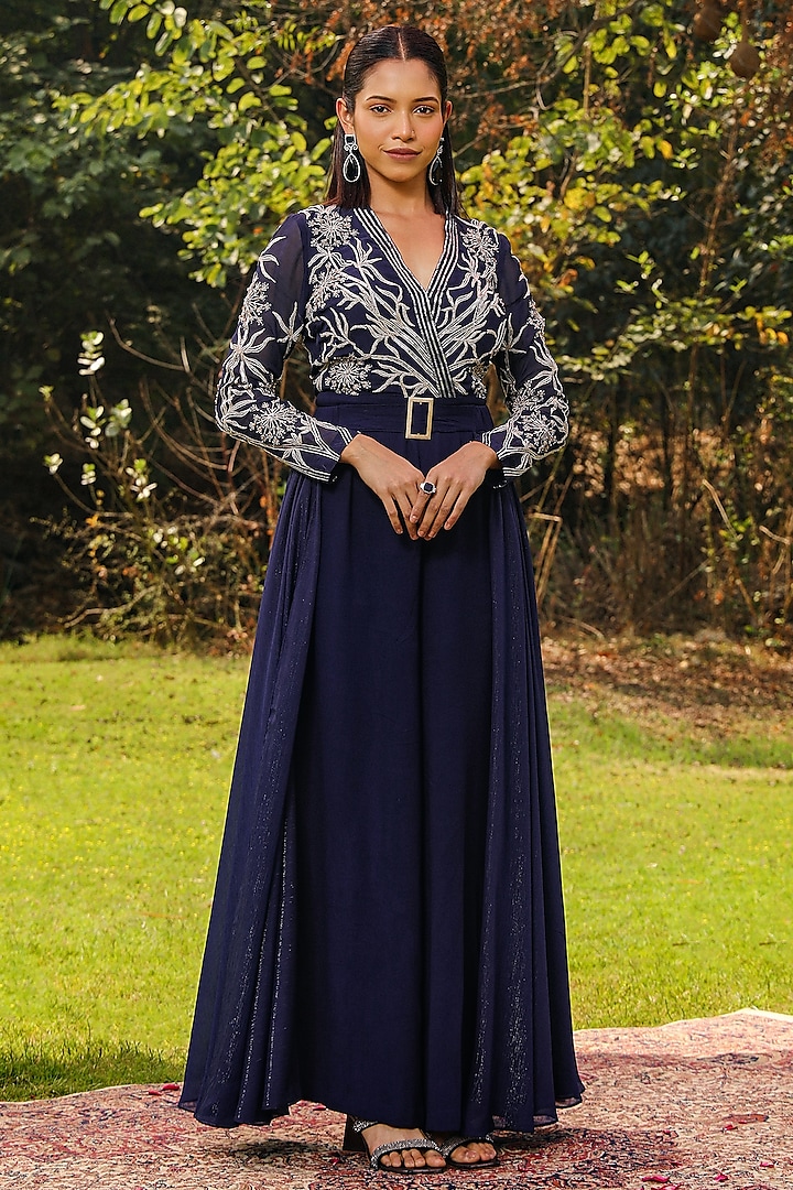 Navy Blue Georgette Floral Embroidered Flared Jumpsuit by Ajiesh Oberoi at Pernia's Pop Up Shop