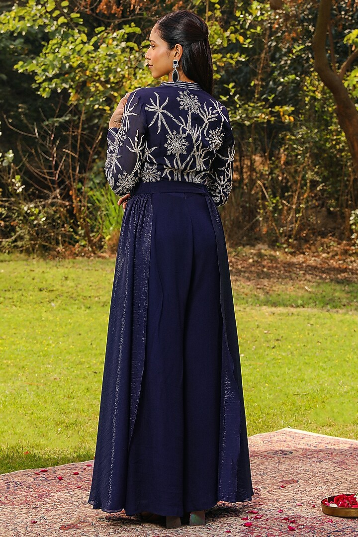 Navy Blue Georgette Floral Embroidered Flared Jumpsuit by Ajiesh Oberoi at Pernia's Pop Up Shop