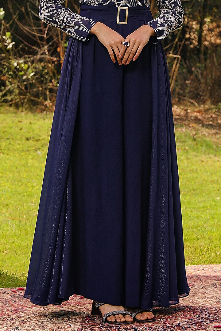 Navy Blue Georgette Floral Embroidered Flared Jumpsuit by Ajiesh Oberoi at Pernia's Pop Up Shop