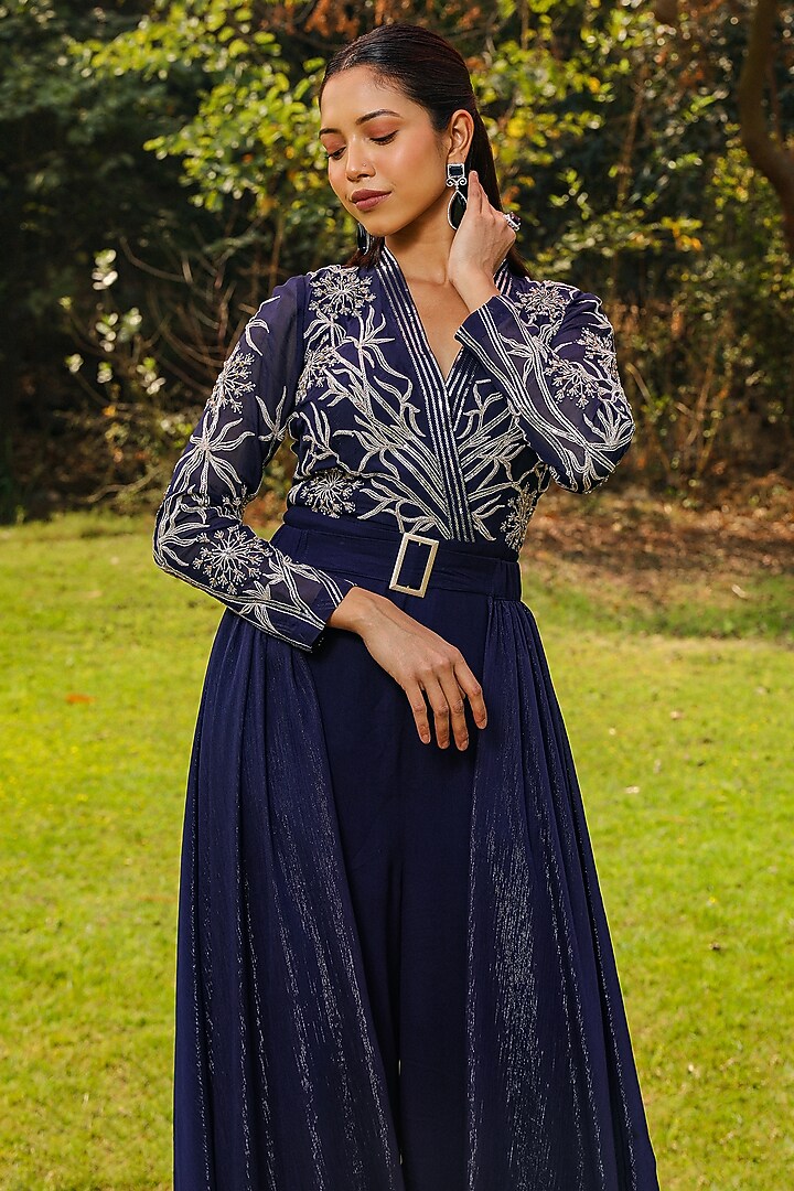 Navy Blue Georgette Floral Embroidered Flared Jumpsuit by Ajiesh Oberoi at Pernia's Pop Up Shop