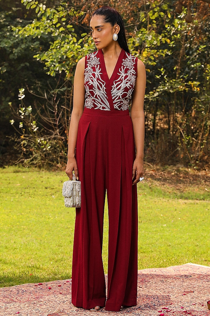 Wine Georgette Floral Embroidered Flared Jumpsuit by Ajiesh Oberoi at Pernia's Pop Up Shop