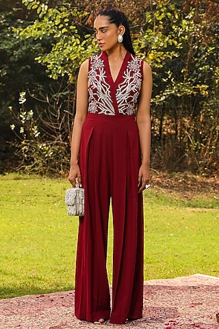 Wine Georgette Floral Embroidered Flared Jumpsuit by Ajiesh Oberoi