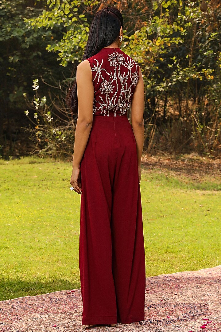 Wine Georgette Floral Embroidered Flared Jumpsuit by Ajiesh Oberoi at Pernia's Pop Up Shop